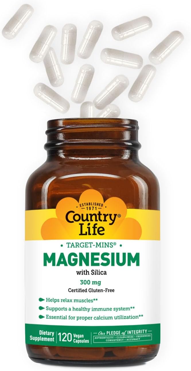 Country Life Target-Mins Magnesium with Silica 300 mg - 120 Vegan Capsules for Bone Health and Energy Support