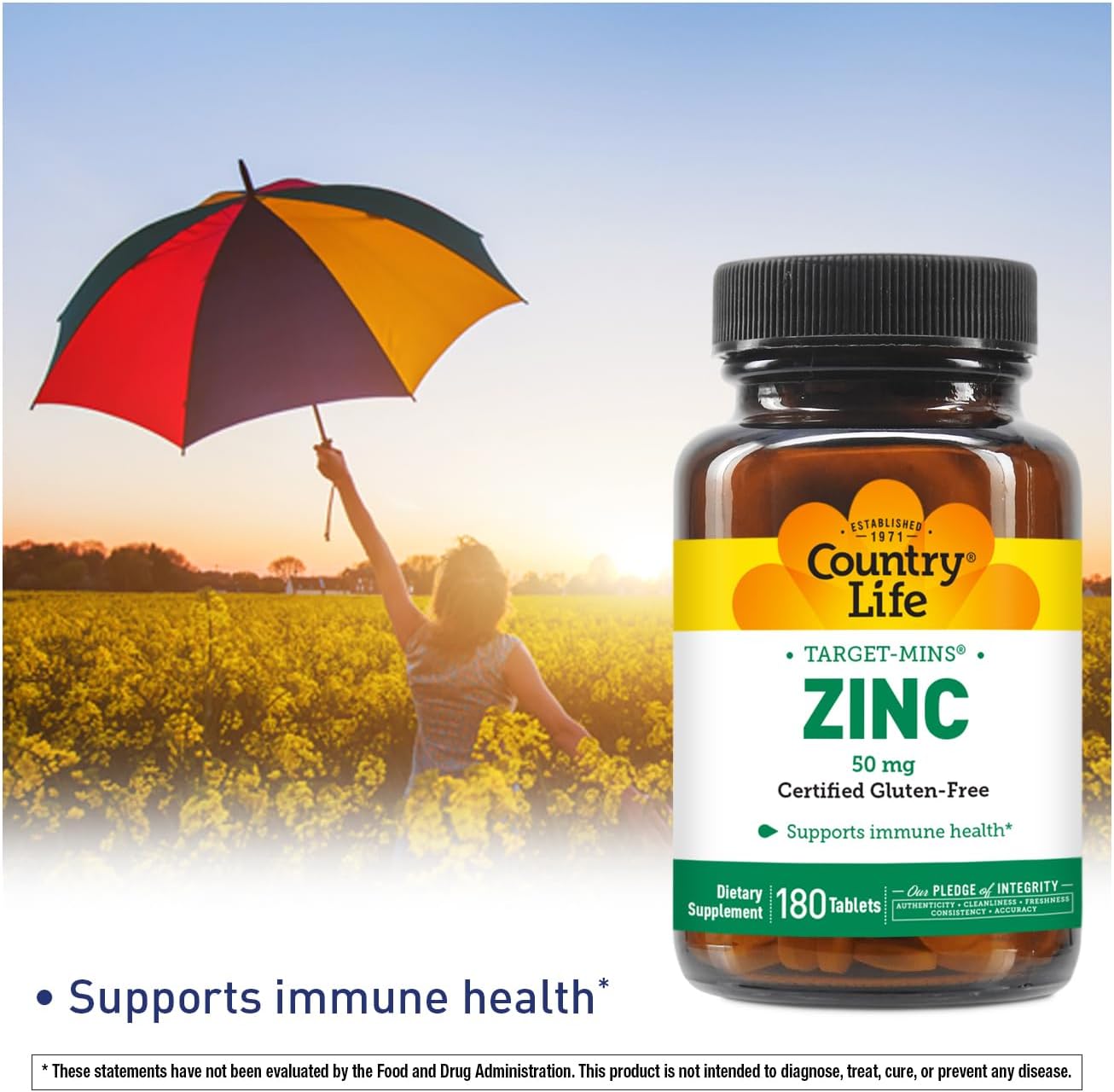 Country Life Target-Mins Zinc 50 mg - 180 Tablets for Immune Health Support