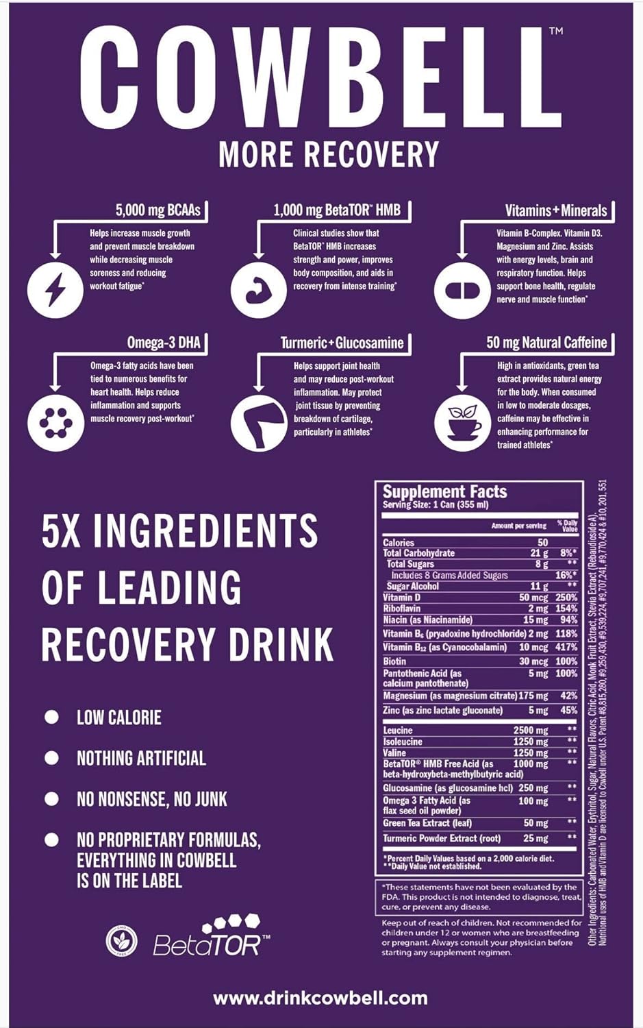 Cowbell Performance & Recovery - Muscle Building & Repair Drink with 5,000 mg BCAAs, 1,000 mg BetaTOR HMB, Glucosamine, Omega-3, Green Tea - No Artificial Ingredients - 12-oz Cans (Pack of 12)