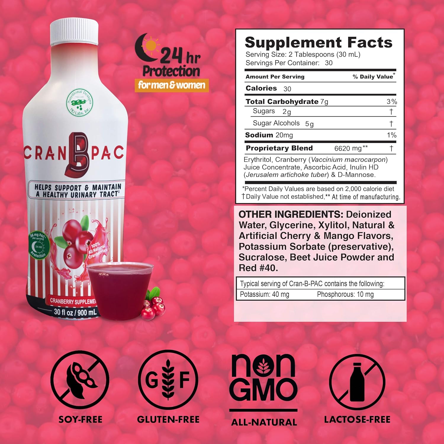 Cran-B-PAC Cranberry Supplement for Women's Urinary Tract Health - Non GMO Liquid Concentrate with Vitamins, 36mg PAC, 30 Oz Bottle