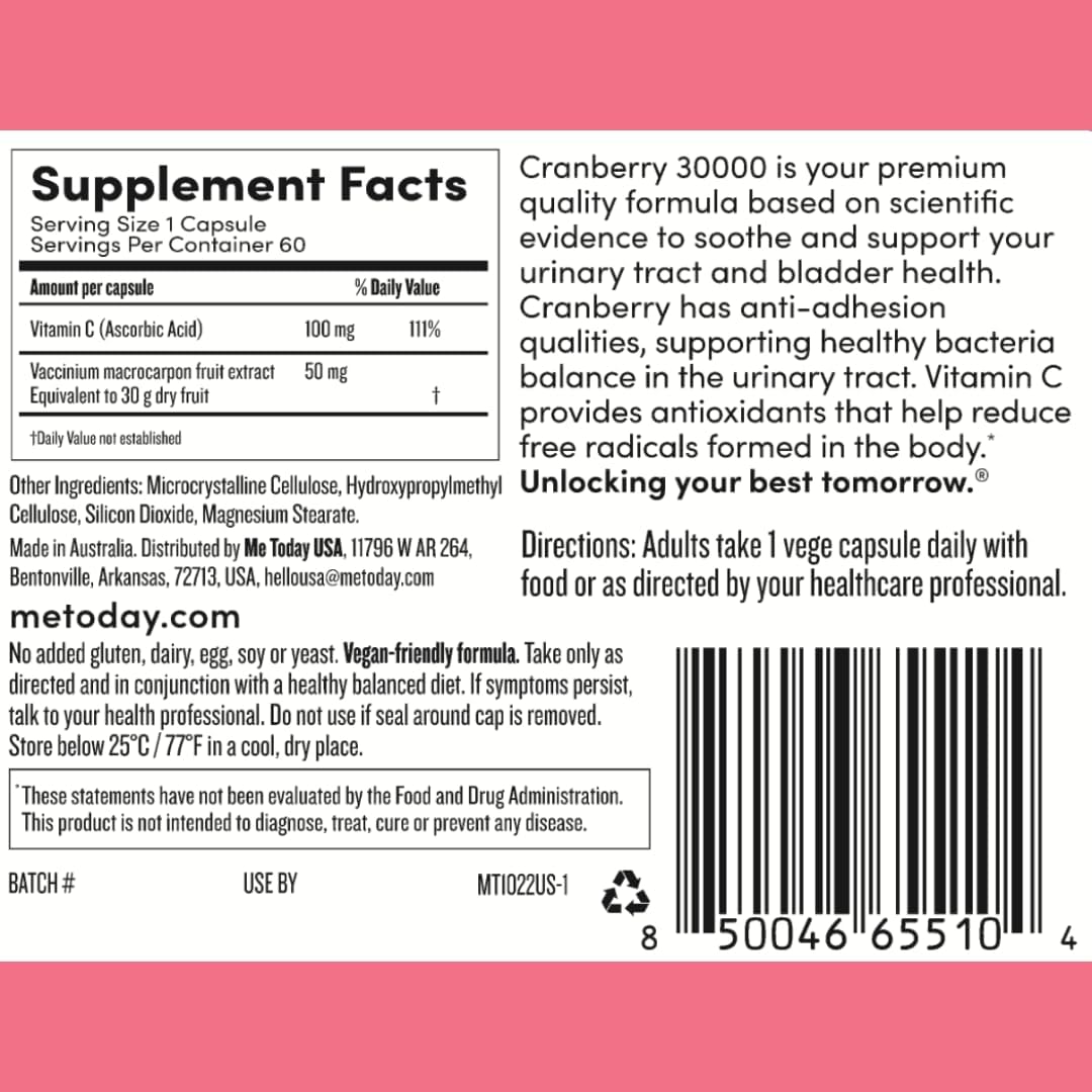 Cranberry 30000 High Dose Capsules for Urinary Tract & Immune Health, Vegan, 60 Count