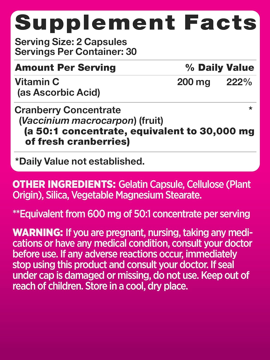Cranberry Capsules for Women - 60 Count with Vitamin C, Non-GMO & Gluten-Free Supplement for Urinary Tract Health
