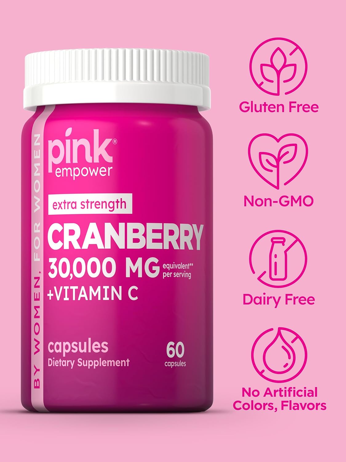 Cranberry Capsules for Women - 60 Count with Vitamin C, Non-GMO & Gluten-Free Supplement for Urinary Tract Health