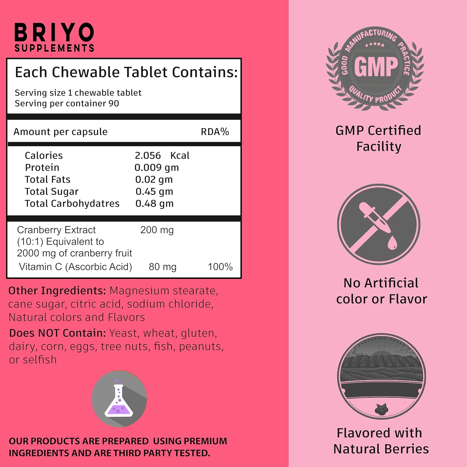 Cranberry Concentrate Chewable Tablets - Natural Berry Flavor, 90 Tablets, 2000 Mg Cranberry Fruit Equivalency