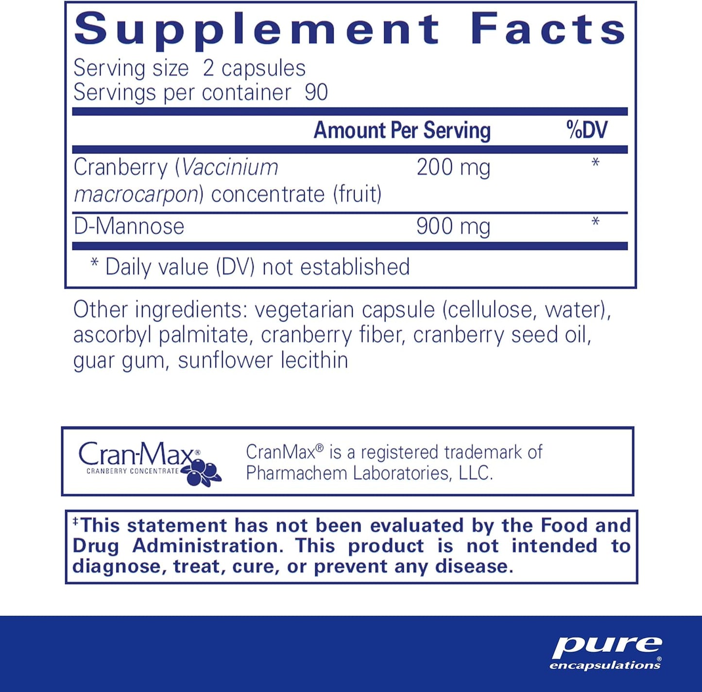 Cranberry D-Mannose Capsules for Urinary Tract Health - Vegan & Non-GMO Supplement - 180 ct.
