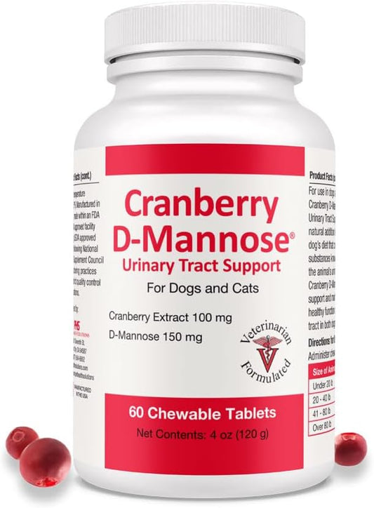 Cranberry D-Mannose Pet Urinary Tract Support Tablets for Dogs and Cats - 60 Count