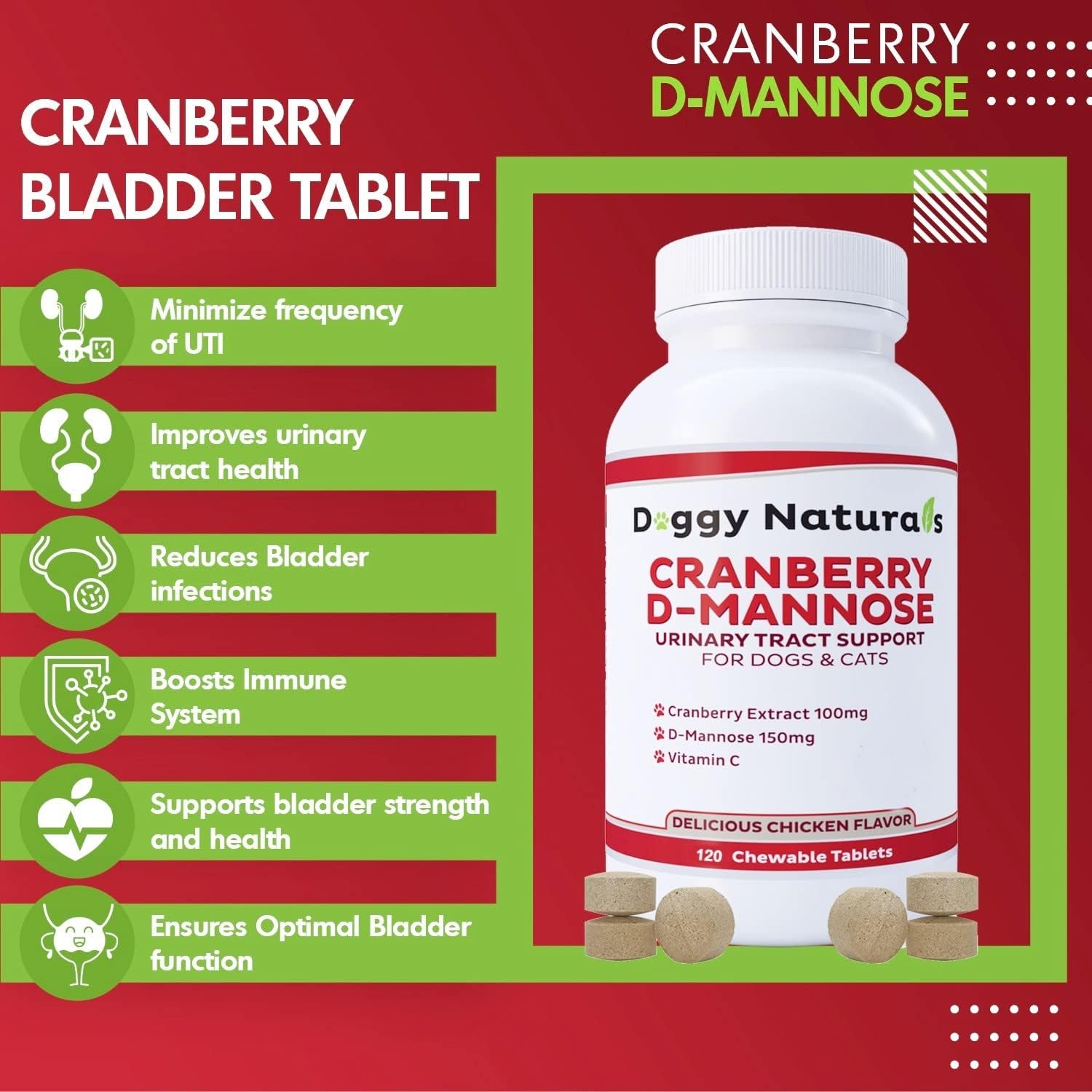Cranberry D-Mannose Tablets for Cats and Dogs - UTI Prevention & Kidney Support - 120 Count