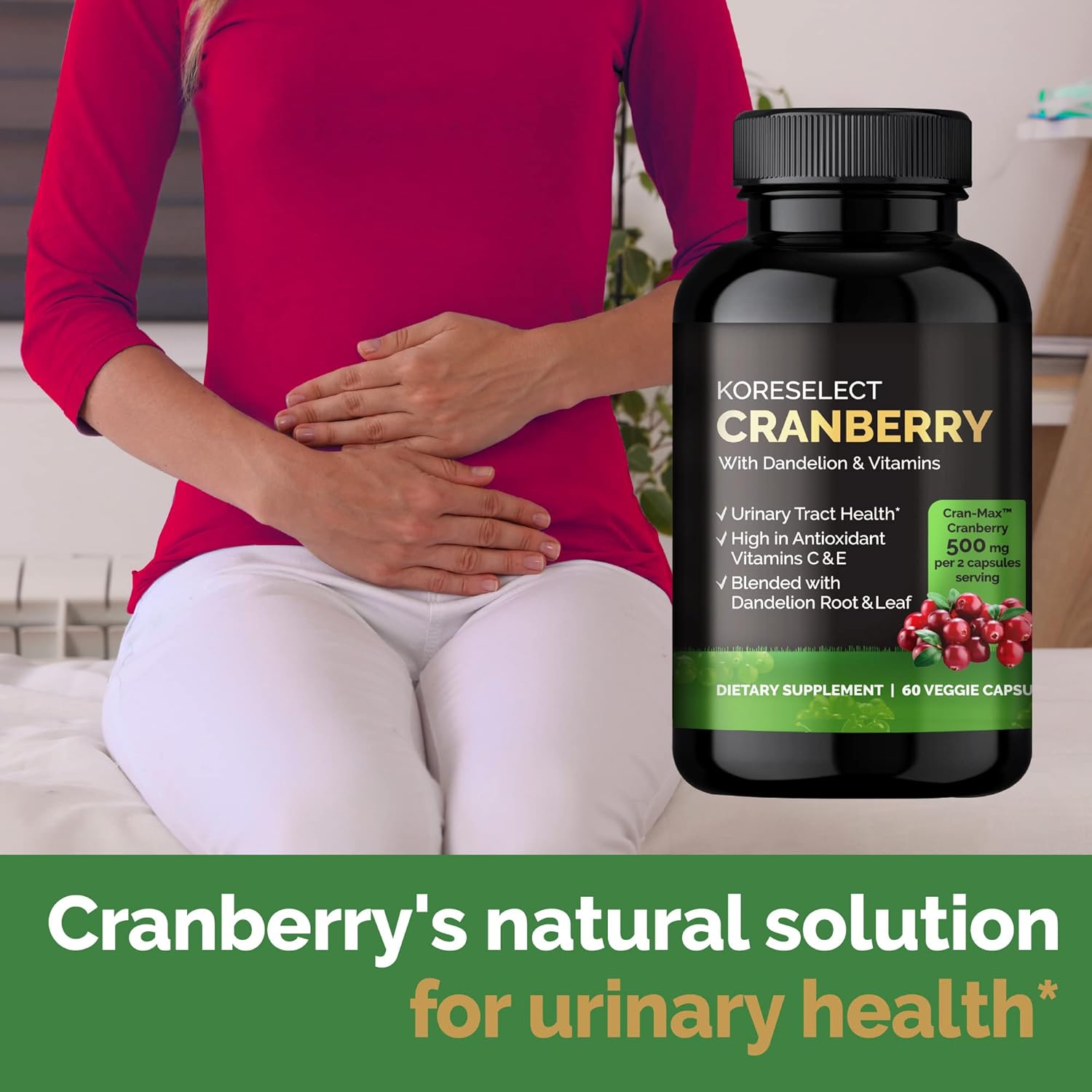 Cranberry & Dandelion UTI Relief Supplement with Vitamins - Immune & Bladder Support for Women & Men - 60 Capsules