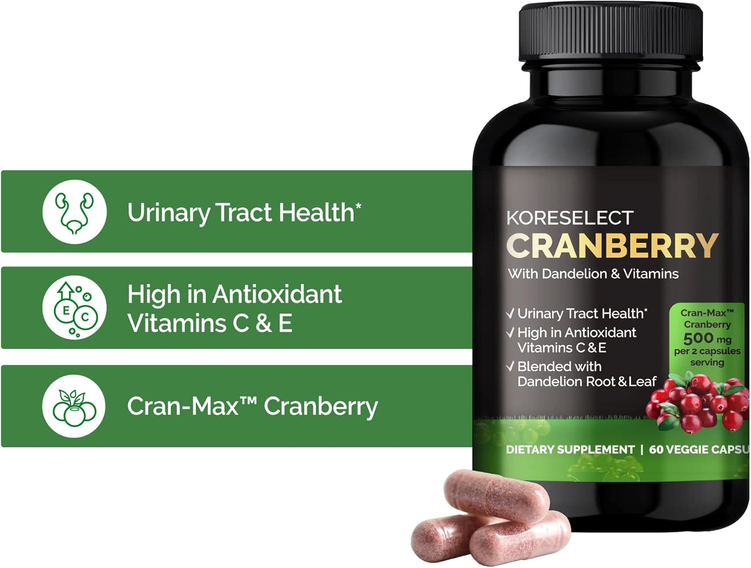 Cranberry & Dandelion UTI Relief Supplement with Vitamins - Immune & Bladder Support for Women & Men - 60 Capsules