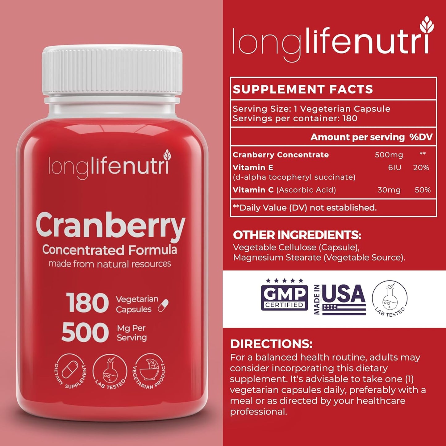 Cranberry Extract Capsules with Vitamin C & E, 500mg, 180 Vegetarian Capsules, Urinary Tract & Bladder Health Support, Made in USA - 6 Month Supply