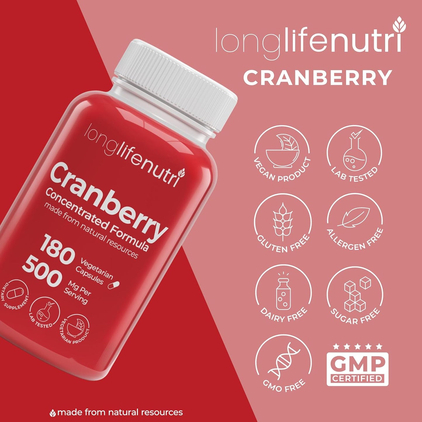 Cranberry Extract Capsules with Vitamin C & E, 500mg, 180 Vegetarian Capsules, Urinary Tract & Bladder Health Support, Made in USA - 6 Month Supply