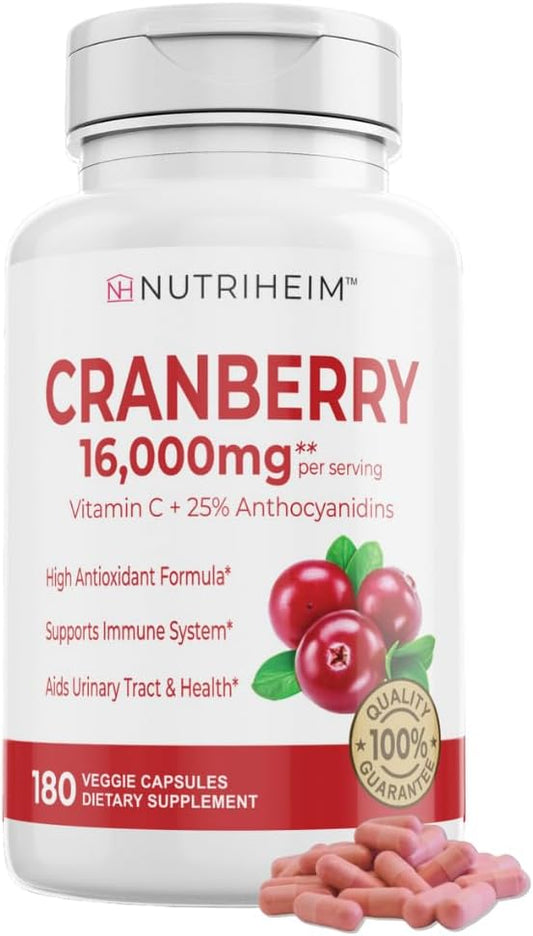 Cranberry Extract Pills with 25% Proanthocyanidins & Vitamin C - 180 Capsules for Urinary Tract, Skin & Immune Support - Non-GMO, Gluten-Free