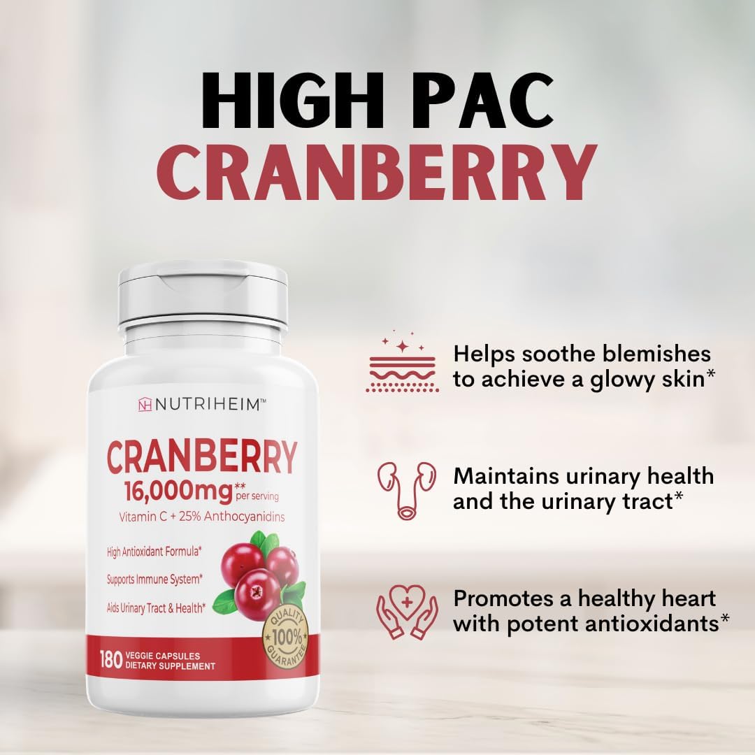 Cranberry Extract Pills with 25% Proanthocyanidins & Vitamin C - 180 Capsules for Urinary Tract, Skin & Immune Support - Non-GMO, Gluten-Free