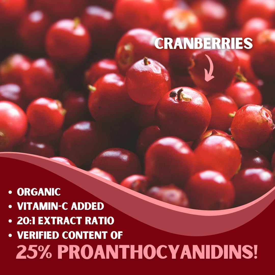 Cranberry Extract Pills with 25% Proanthocyanidins & Vitamin C - 180 Capsules for Urinary Tract, Skin & Immune Support - Non-GMO, Gluten-Free