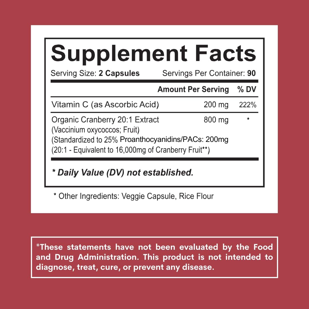 Cranberry Extract Pills with 25% Proanthocyanidins & Vitamin C - 180 Capsules for Urinary Tract, Skin & Immune Support - Non-GMO, Gluten-Free