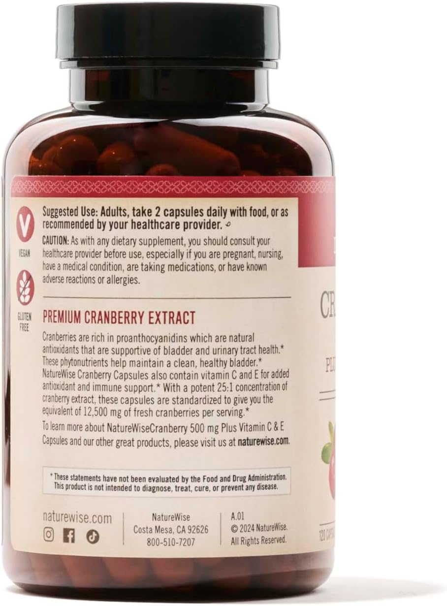 Cranberry Extract Pills with Vitamin C & E for Urinary Tract Health - 12,500mg Strength - Vegan, Non-GMO - 120 Capsules