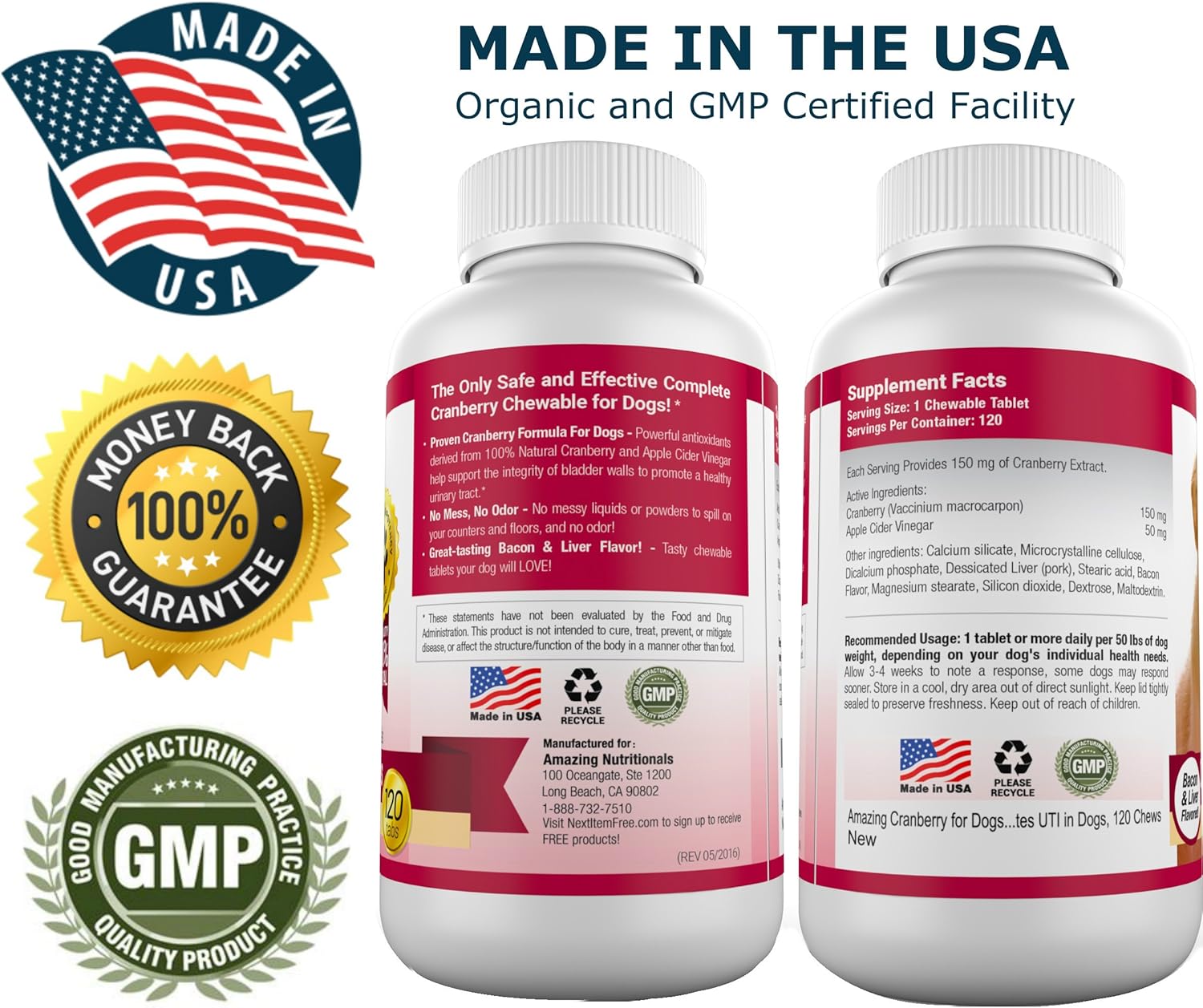 Cranberry for Dogs Pet Antioxidant & UTI Support Chews - 120 Count