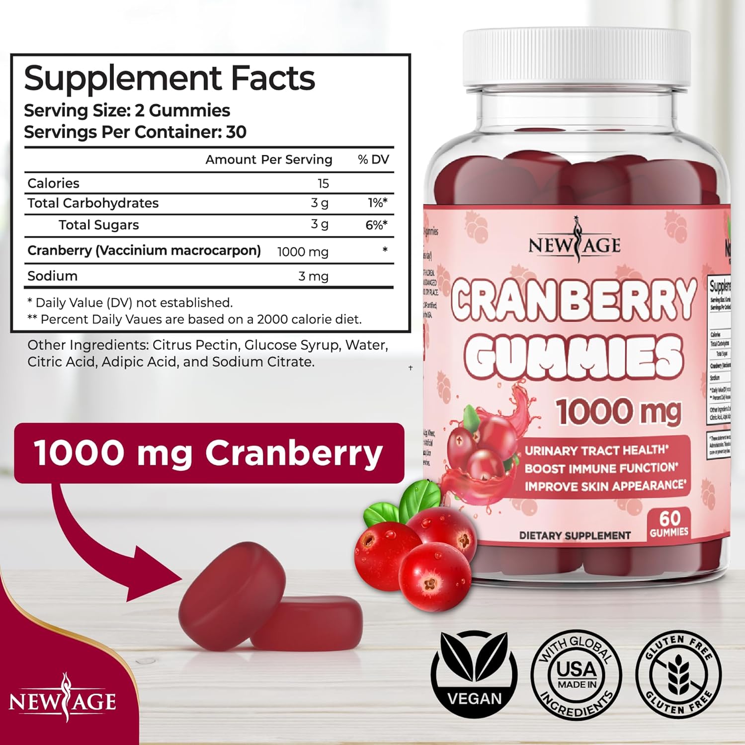 Cranberry Gummies 1000mg for Urinary Tract Health - Supports Bladder, Kidney, UTI - Vegetarian Formula with 120 Gummies