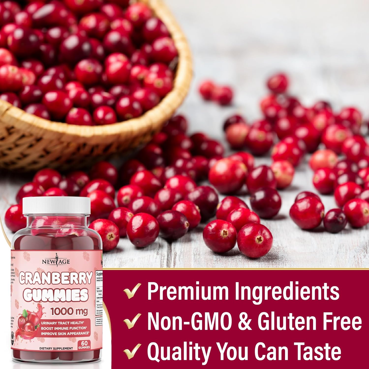 Cranberry Gummies 1000mg for Urinary Tract Health - Supports Bladder, Kidney, UTI - Vegetarian Formula with 120 Gummies