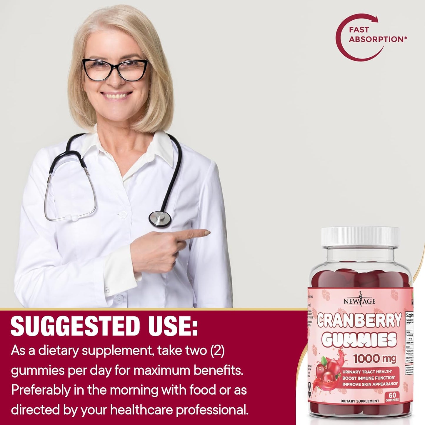 Cranberry Gummies 1000mg for Urinary Tract Health - Supports Bladder, Kidney, UTI - Vegetarian Formula with 120 Gummies