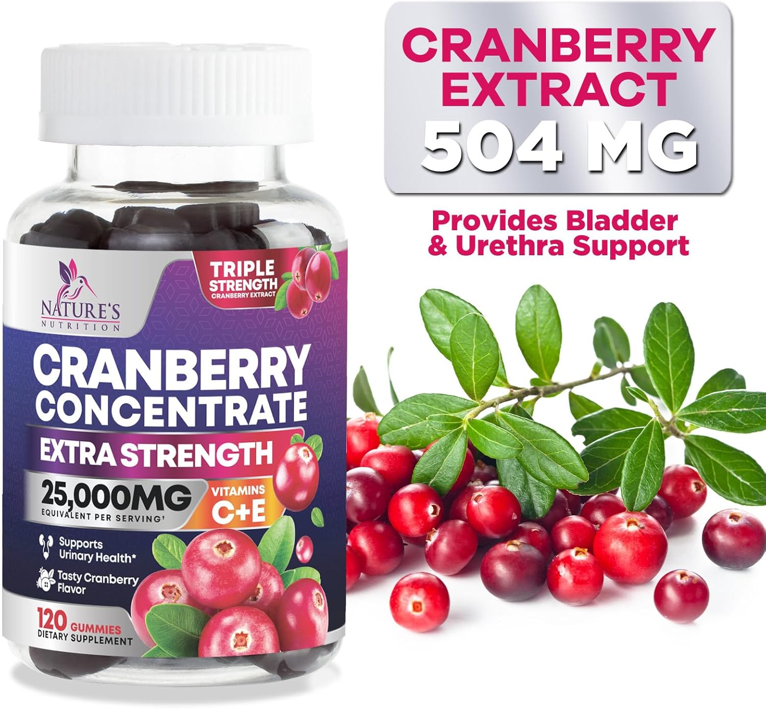 Cranberry Gummies with Vitamin C - 25,000mg Extract for Urinary Tract Support - 120 Chewable Non-GMO Supplements for Women by Nature's Nutrition