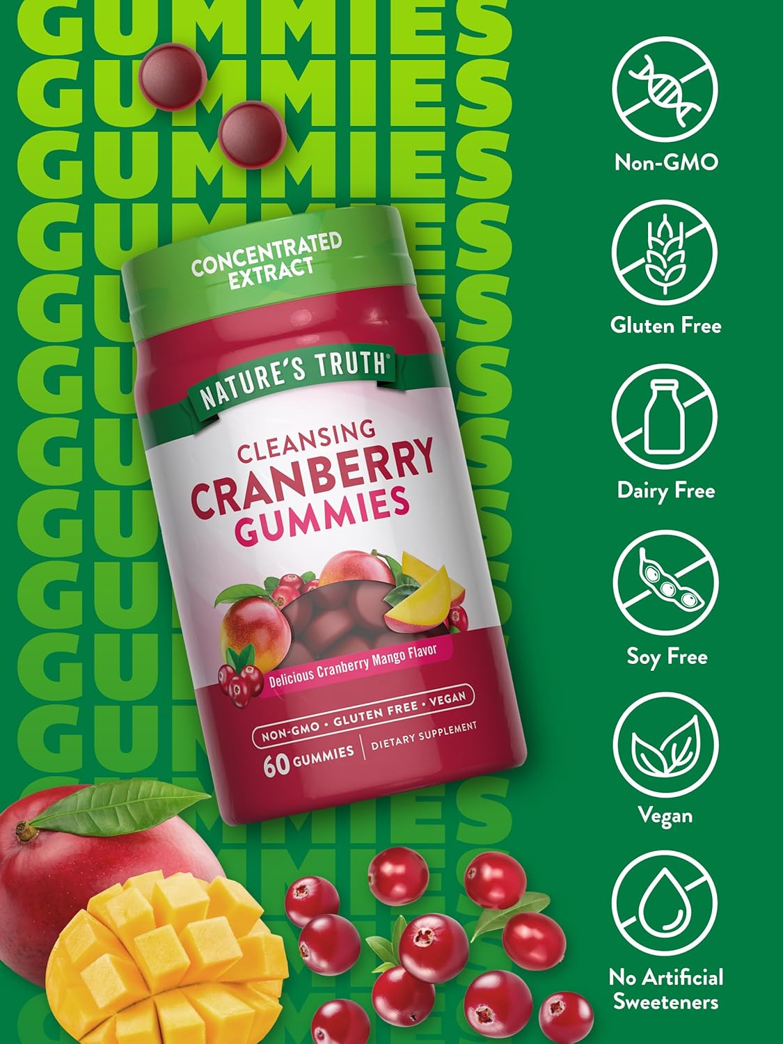 Cranberry Mango Gummies - Vegan, Non-GMO, Gluten-Free Supplement (60 Count) by Nature's Truth