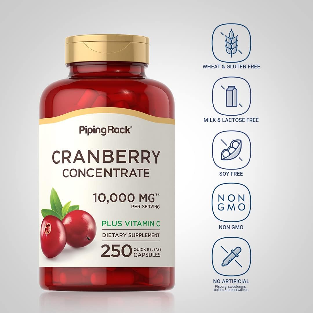 Cranberry Pills for Women 10,000mg - 250 Capsules with Concentrate Extract & Vitamin C - Non-GMO, Gluten Free