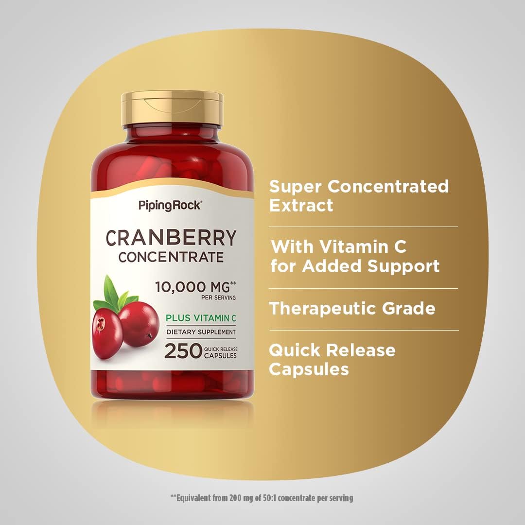 Cranberry Pills for Women 10,000mg - 250 Capsules with Concentrate Extract & Vitamin C - Non-GMO, Gluten Free