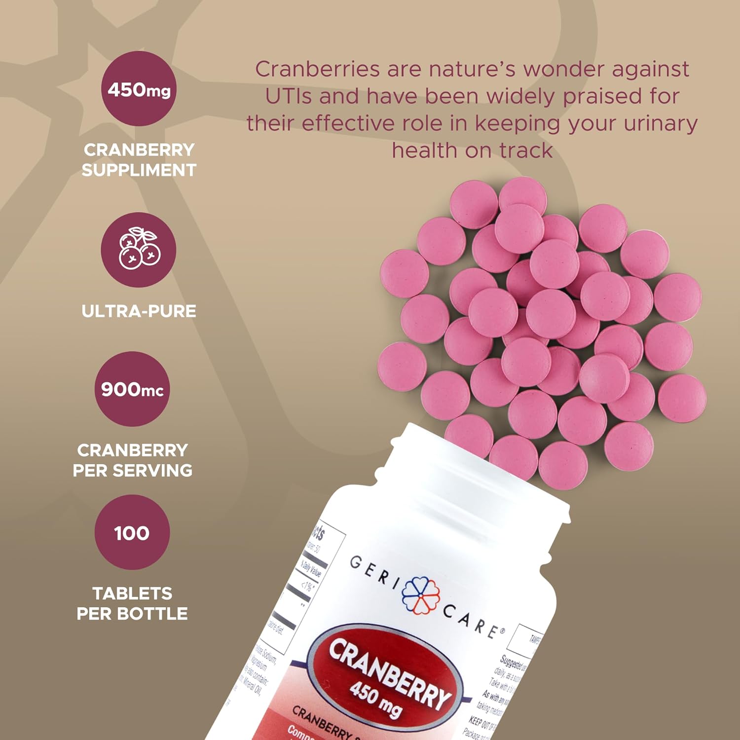 Cranberry Supplement for Seniors - 100 Tablets, 450 mg - Pack of 3