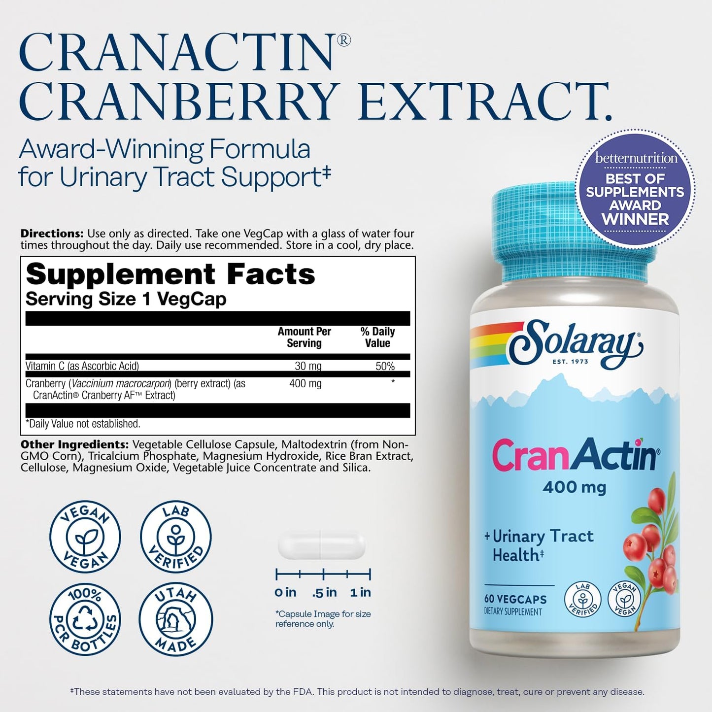 Cranberry Supplements for Bladder & Urinary Health - 400 mg with Vitamin C - Vegan, 60-Day Guarantee, 60 Servings