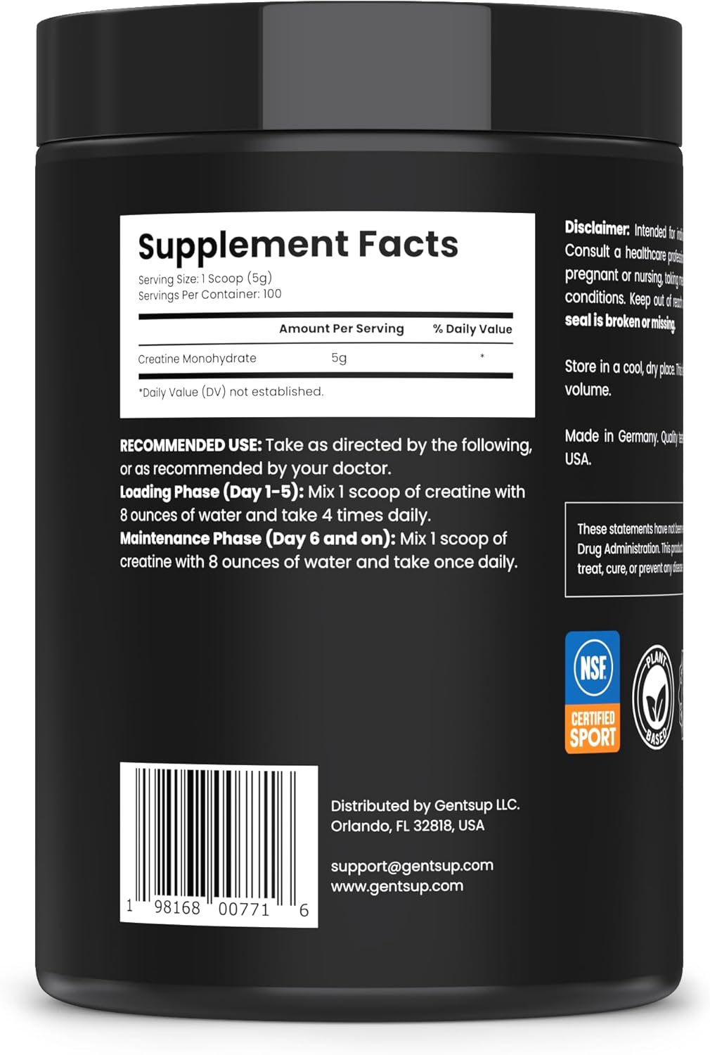 Creapure Creatine Monohydrate Powder 5000mg - Unflavored for Muscle Growth, Strength, Performance - 100 Servings, Non-GMO, Gluten-Free, NSF Certified