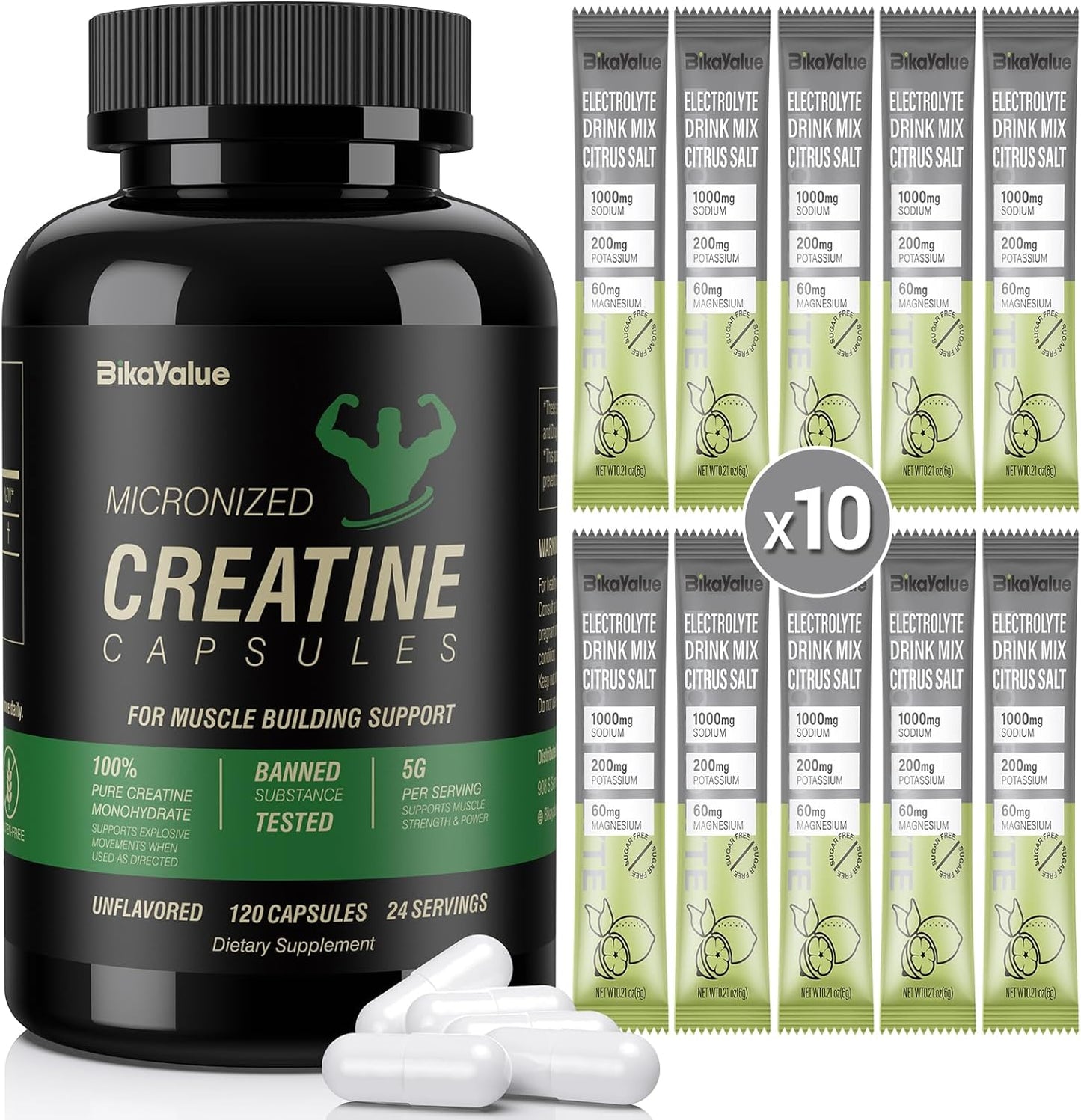 Creatine Capsules & Electrolytes Powder Combo for Muscle Recovery & Energy - 150 Capsules + 10-Pack Electrolyte Supplement - Gluten-Free for Men & Women (30 Servings)