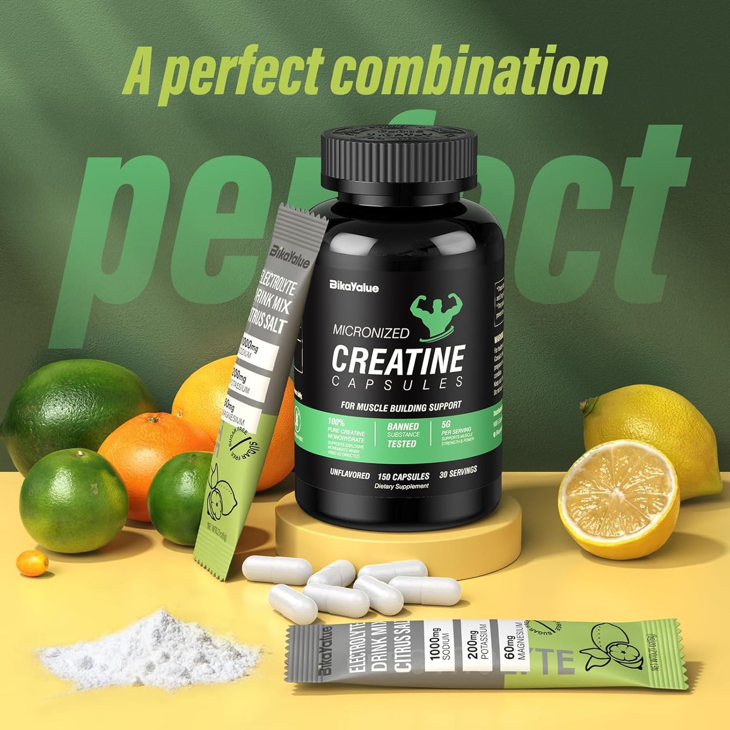 Creatine Capsules & Electrolytes Powder Combo for Muscle Recovery & Energy - 150 Capsules + 10-Pack Electrolyte Supplement - Gluten-Free for Men & Women (30 Servings)