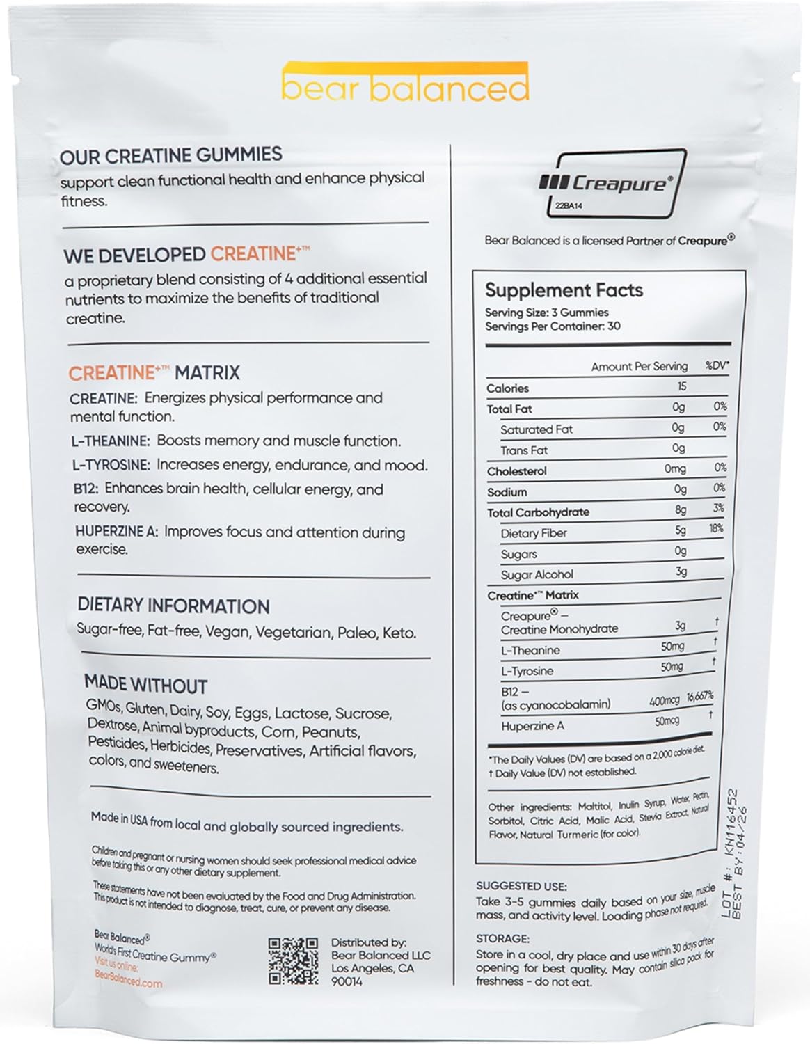 Creatine Gummies with L-Theanine, L-Tyrosine, B12 for Muscle Growth & Focus - Peach Mango, 1 Pack