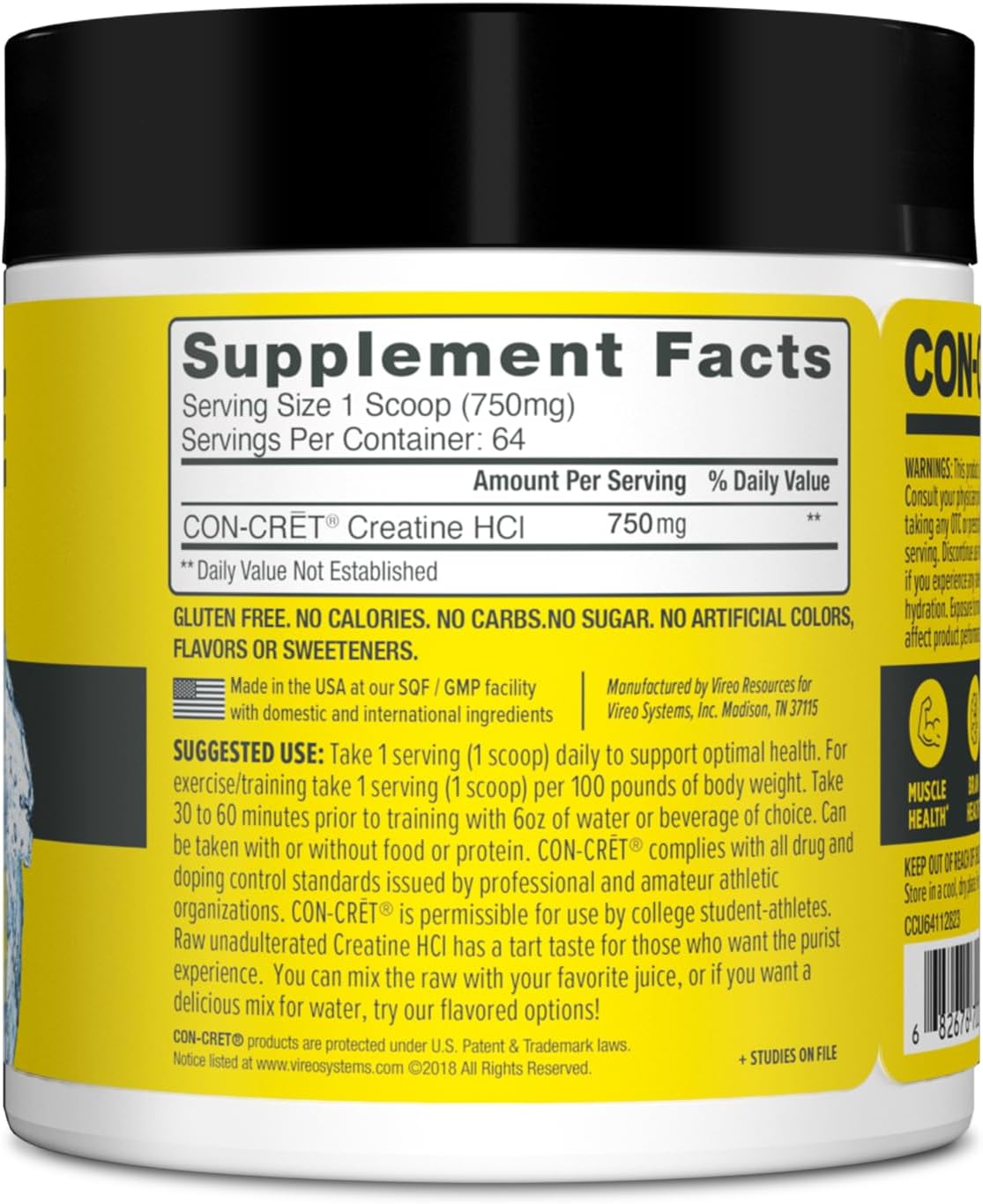 Creatine HCl Powder for Muscle, Cognitive, and Cellular Energy Support | No Bloating or Cramps | NSF Certified, USA Made | Unflavored (64 Serving)