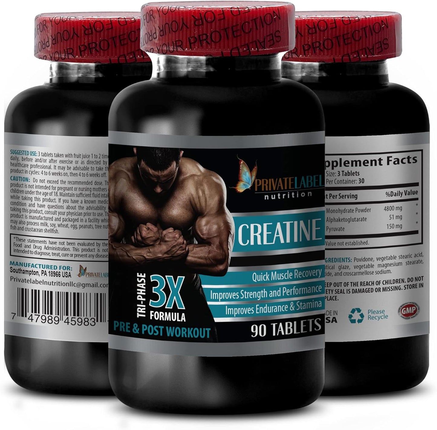 CREATINE TRI-Phase Muscle Gain Supplement - 3X Formula for Pre & Post Workout - Private Label - 90 Tablets