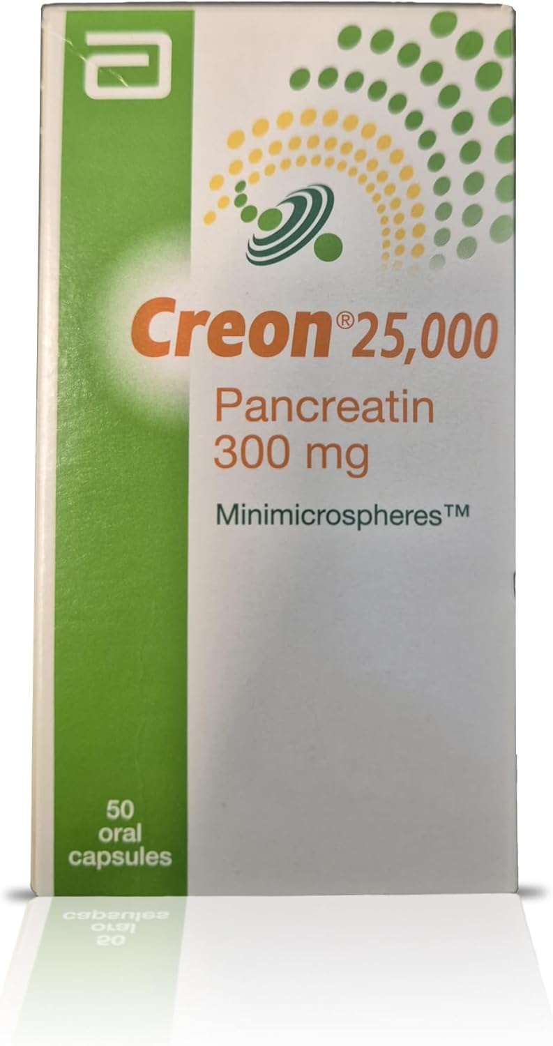 Creon 25,000 Pancreatin 300mg Capsules - Digestive Enzyme Supplement for Pancreatic Insufficiency - Supports Digestion with Lipase, Protease, and Amylase - 50 Count
