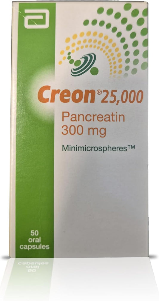 Creon 25,000 Pancreatin 300mg Capsules - Digestive Enzyme Supplement for Pancreatic Insufficiency - Supports Digestion with Lipase, Protease, and Amylase - 50 Count