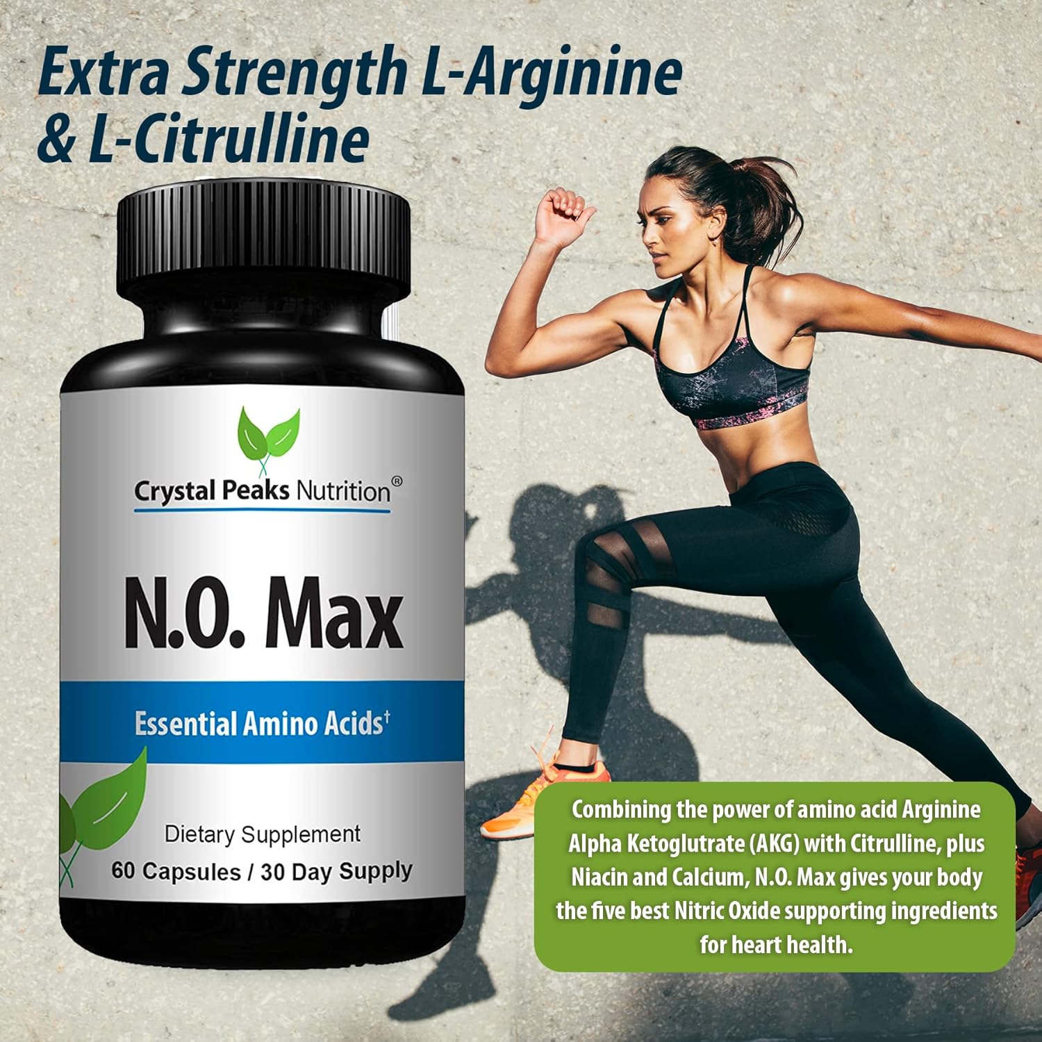 Crystal Peaks Nutrition N.O. Max Nitric Oxide Supplement with Amino Acids for Pre-Workout Performance - 60 Capsules