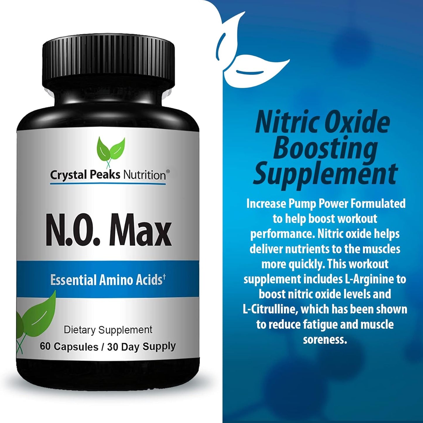 Crystal Peaks Nutrition N.O. Max Nitric Oxide Supplement with Amino Acids for Pre-Workout Performance - 60 Capsules