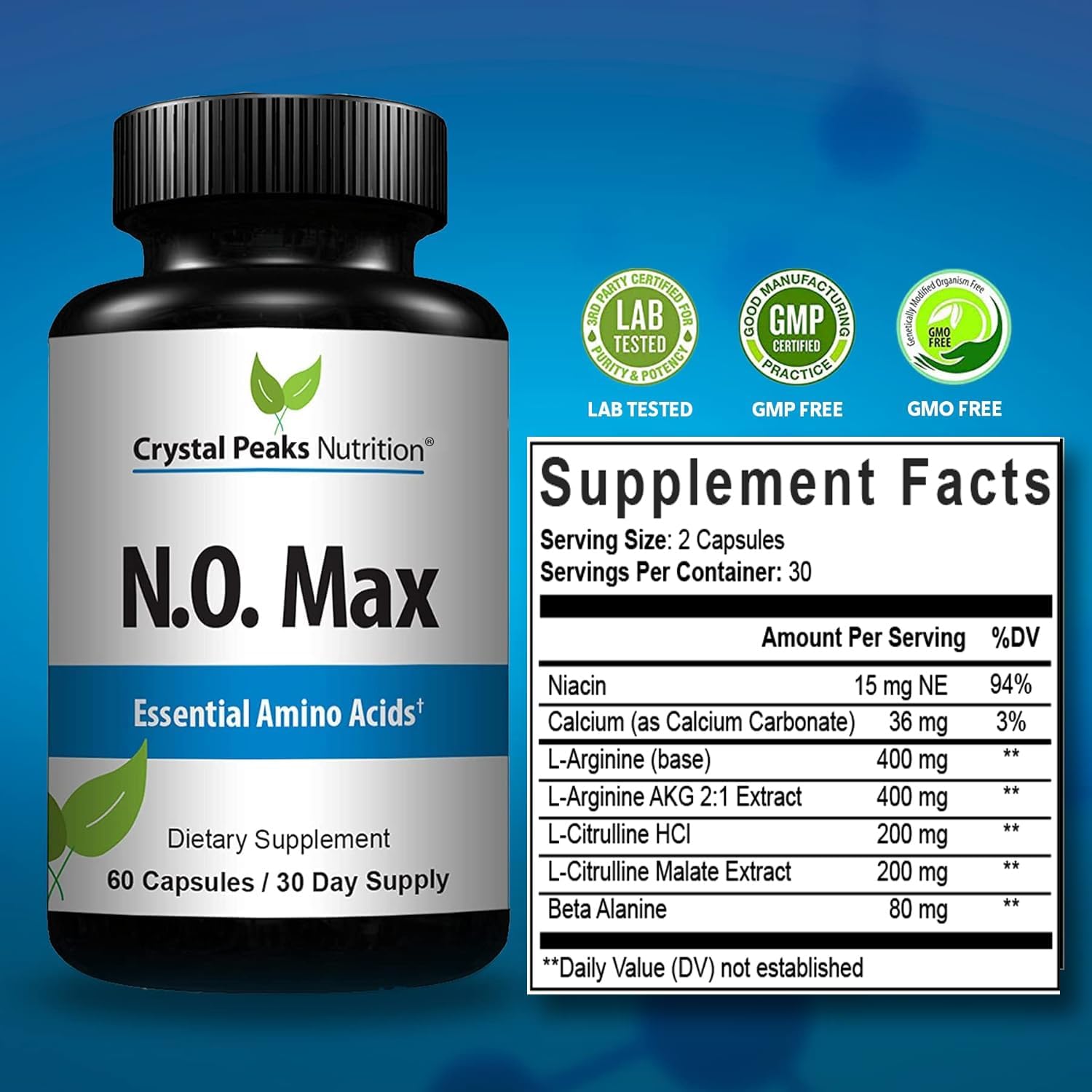Crystal Peaks Nutrition N.O. Max Nitric Oxide Supplement with Amino Acids for Pre-Workout Performance - 60 Capsules