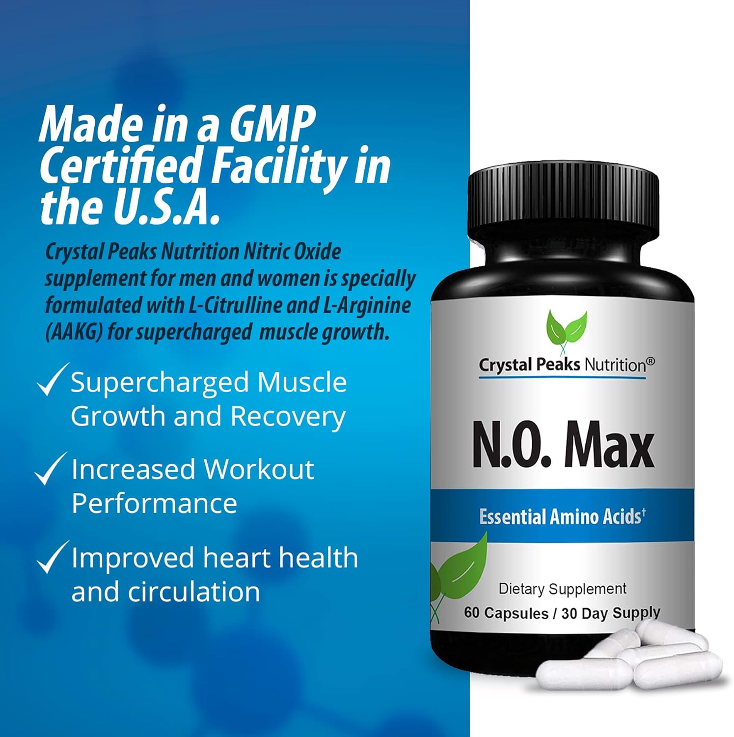 Crystal Peaks Nutrition N.O. Max Nitric Oxide Supplement with Amino Acids for Pre-Workout Performance - 60 Capsules