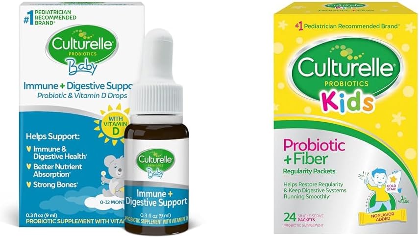 Culturelle Baby Immune & Digestive Support Probiotic Drops with Vitamin D, 30 Days Supply + Kids Probiotic Fiber Packets, 24 Count