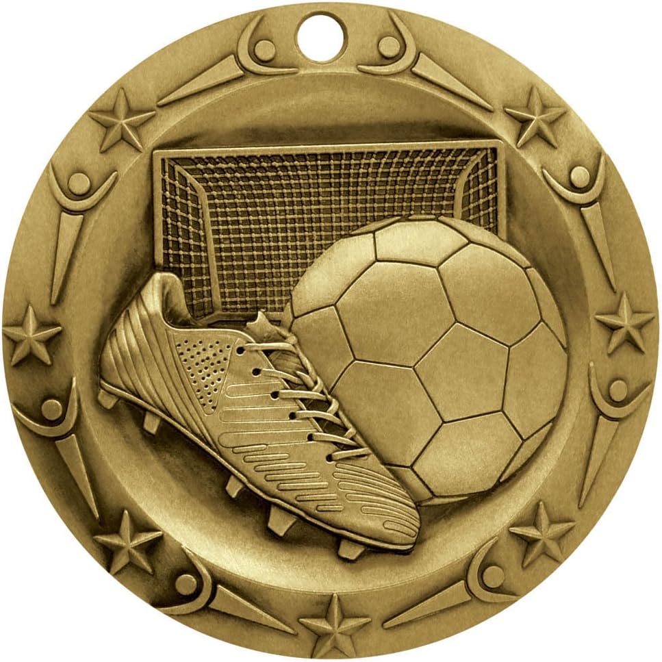 Customizable Gold Soccer Medal with Stars and Stripes Ribbon - 3 Inch Wide - Engraved First Place Futbol Award