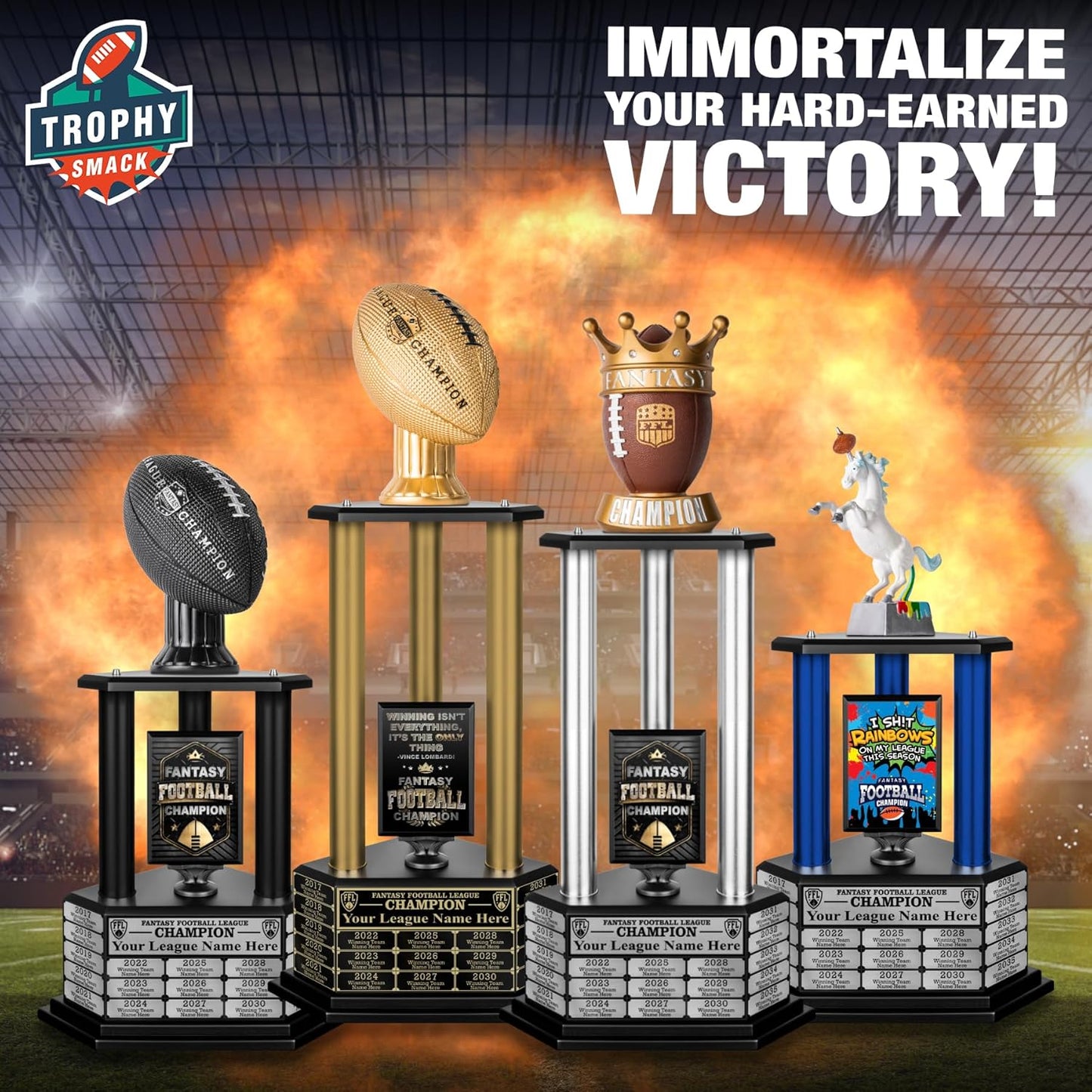 Customizable TrophySmack Perpetual Fantasy Football Trophy with Free Engraving for Up to 19 Years of Past Winners - Award-Winning Championship Trophy