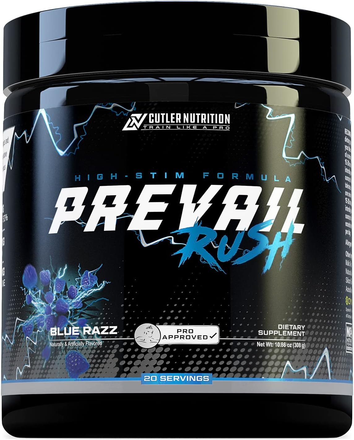 Cutler Nutrition High Stim Pre Workout Powder - Prevail Rush Preworkout - Sour Blue Razz Flavor - 20 Servings - Intense Pumps, Energy, Focus - Caffeine, NO3T, Betaine, Dynamine - Men & Women Friendly