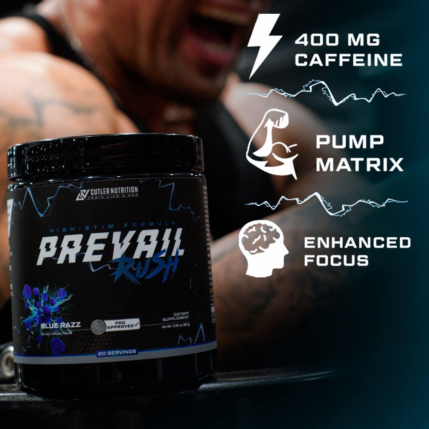 Cutler Nutrition High Stim Pre Workout Powder - Prevail Rush Preworkout - Sour Blue Razz Flavor - 20 Servings - Intense Pumps, Energy, Focus - Caffeine, NO3T, Betaine, Dynamine - Men & Women Friendly