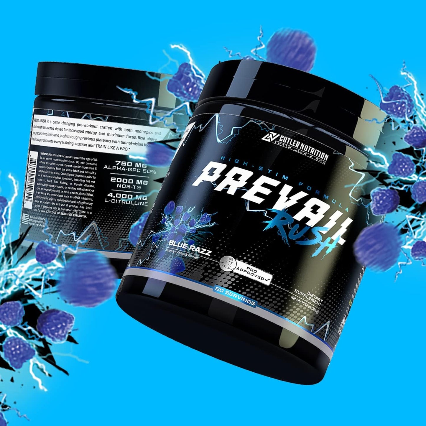 Cutler Nutrition High Stim Pre Workout Powder - Prevail Rush Preworkout - Sour Blue Razz Flavor - 20 Servings - Intense Pumps, Energy, Focus - Caffeine, NO3T, Betaine, Dynamine - Men & Women Friendly