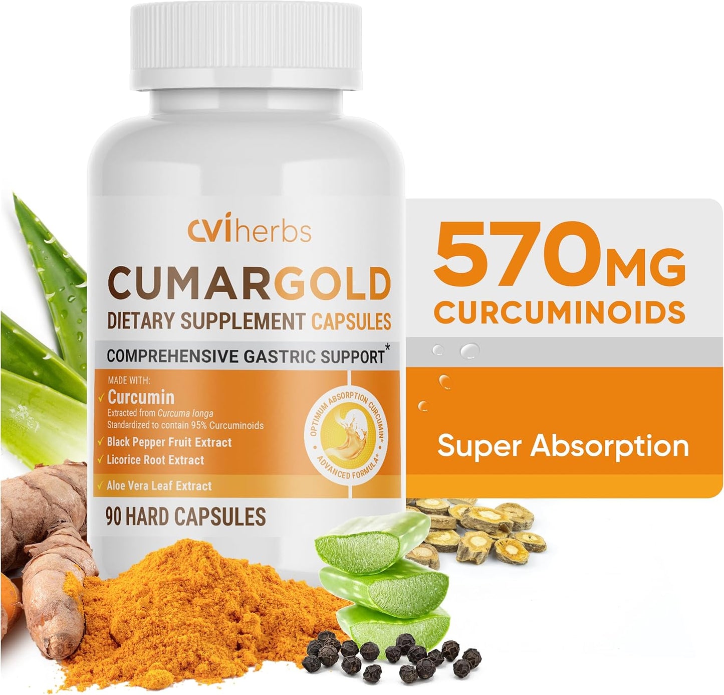 CVI HERBS Cumargold 570mg Curcuminoids with Licorice, Aloe Vera & Piperine - Digestive Health Support for Ulcers, Colitis, Gastric Wellness - 90 Capsules