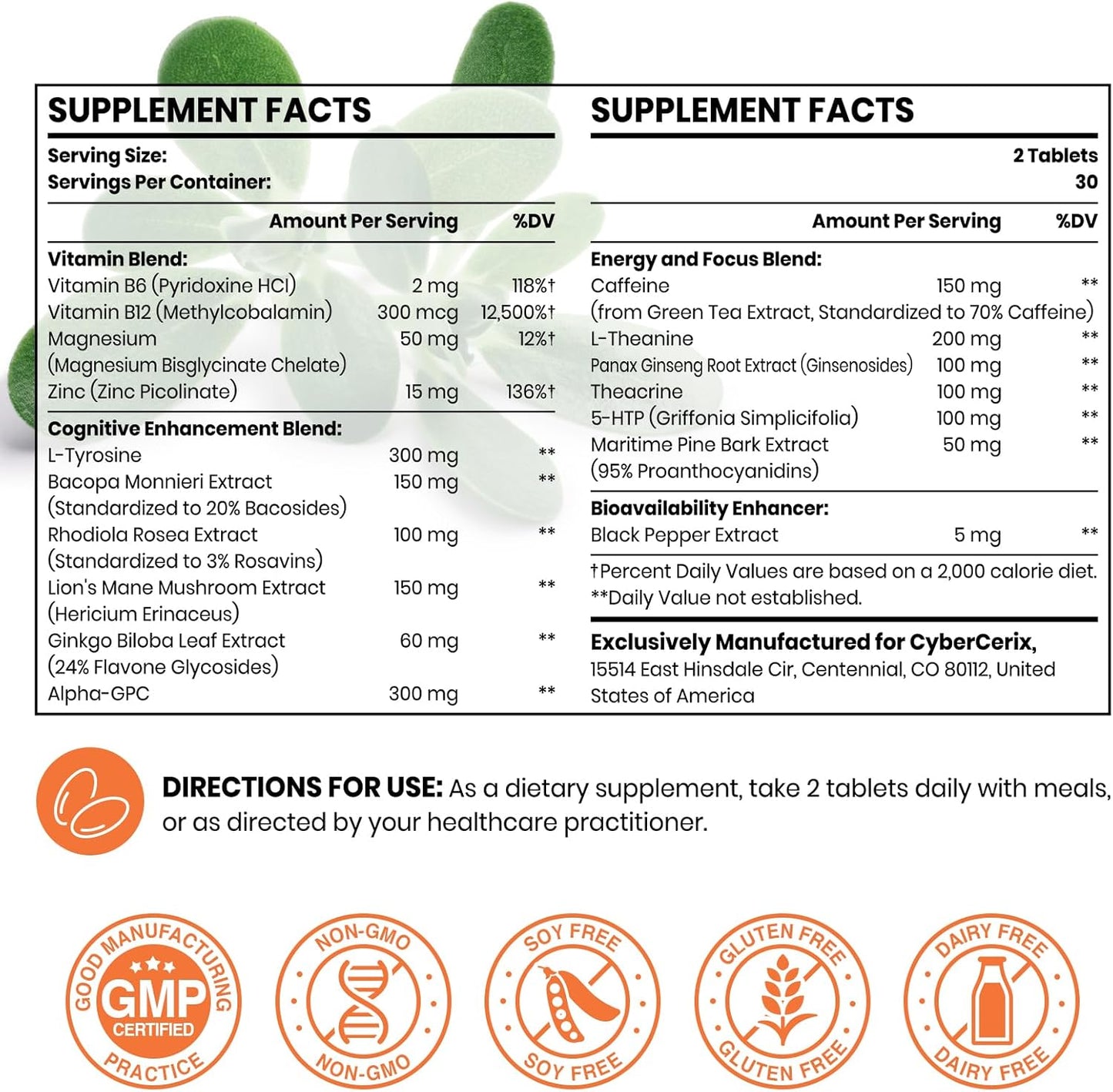 CyberCerix 17-in-1 Nootropic Brain Supplement for Memory, Focus, and Energy - Natural Caffeine Blend with Vitamins, Amino Acids, and Herbal Extracts - 60 Tablets